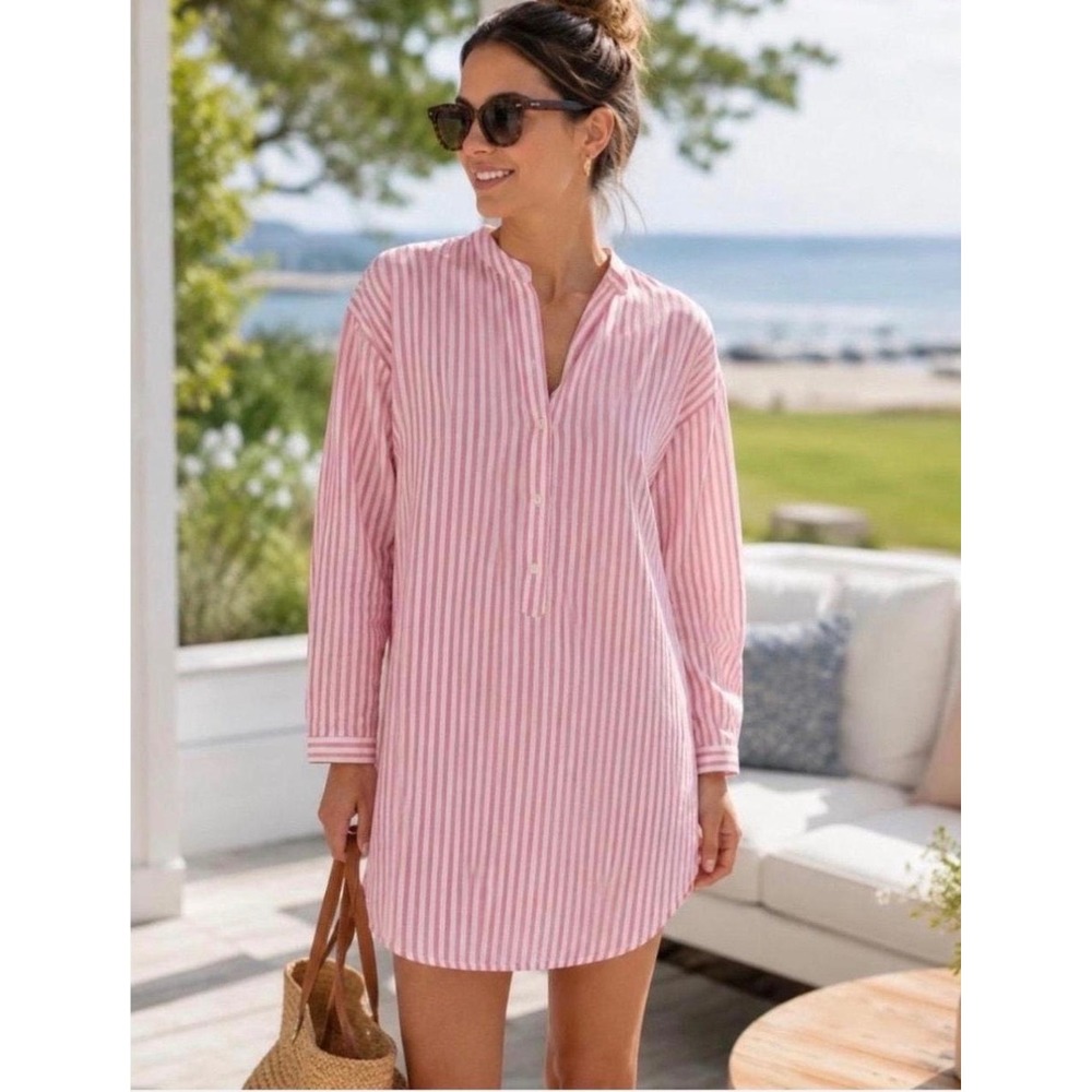 Tuckernuck Strawberry Stripe Bodie Swim Cover Up Mini Shirt Dress Pink White XXL